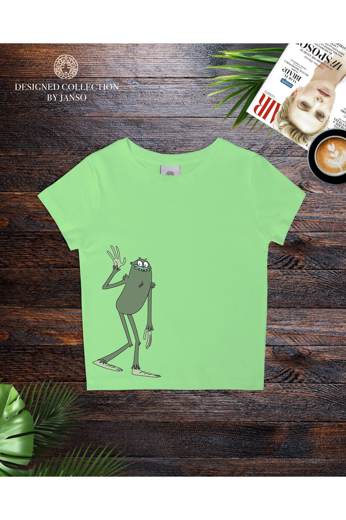 JANSO GROUP - KADIN KISA KOLLU CROP TSHIRT BASKILI kurbağa PAMUKLU PENYE KUMAŞ