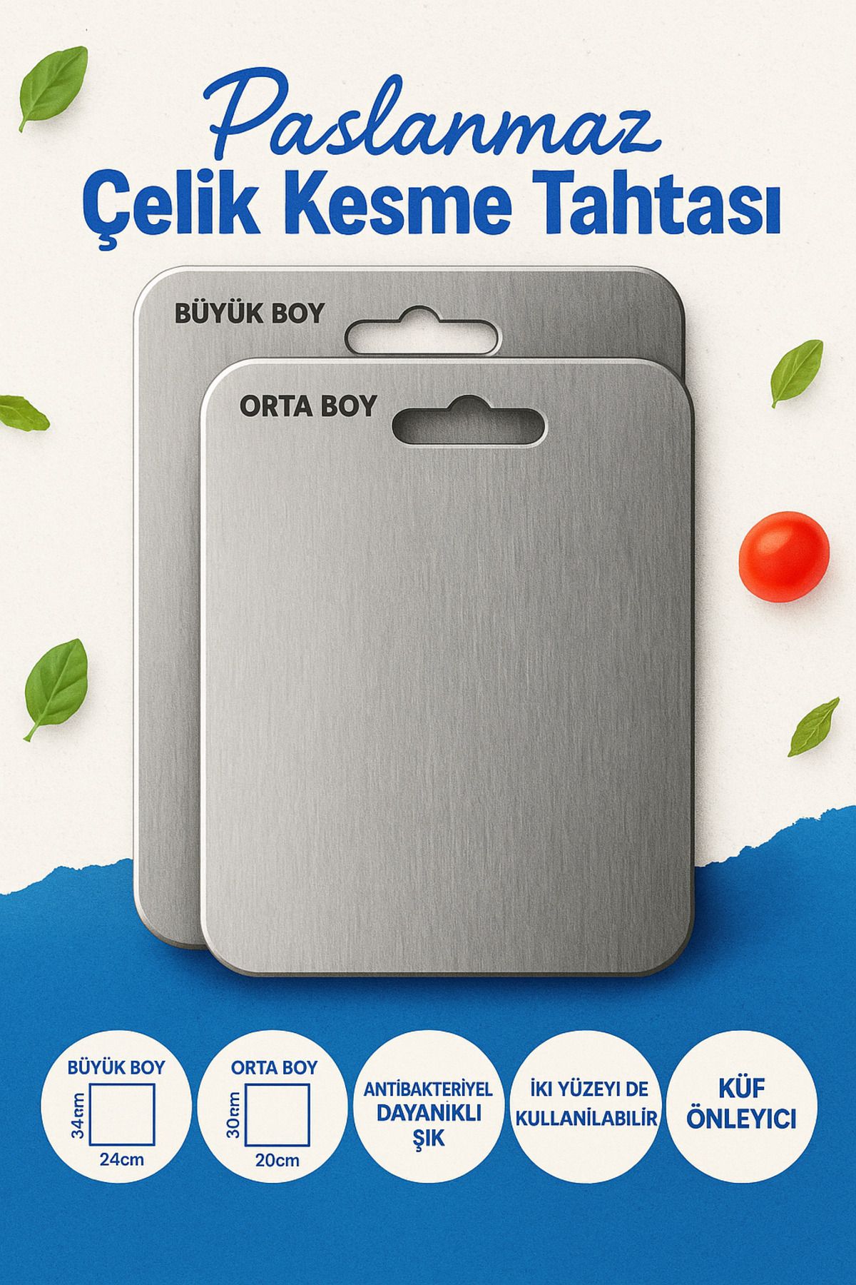 mtemin 2’li Paslanmaz Çelik Kesme Tahtası Seti – Antibakteriyel, Hijyenik Yüzey, Makinede Yıkanabilir