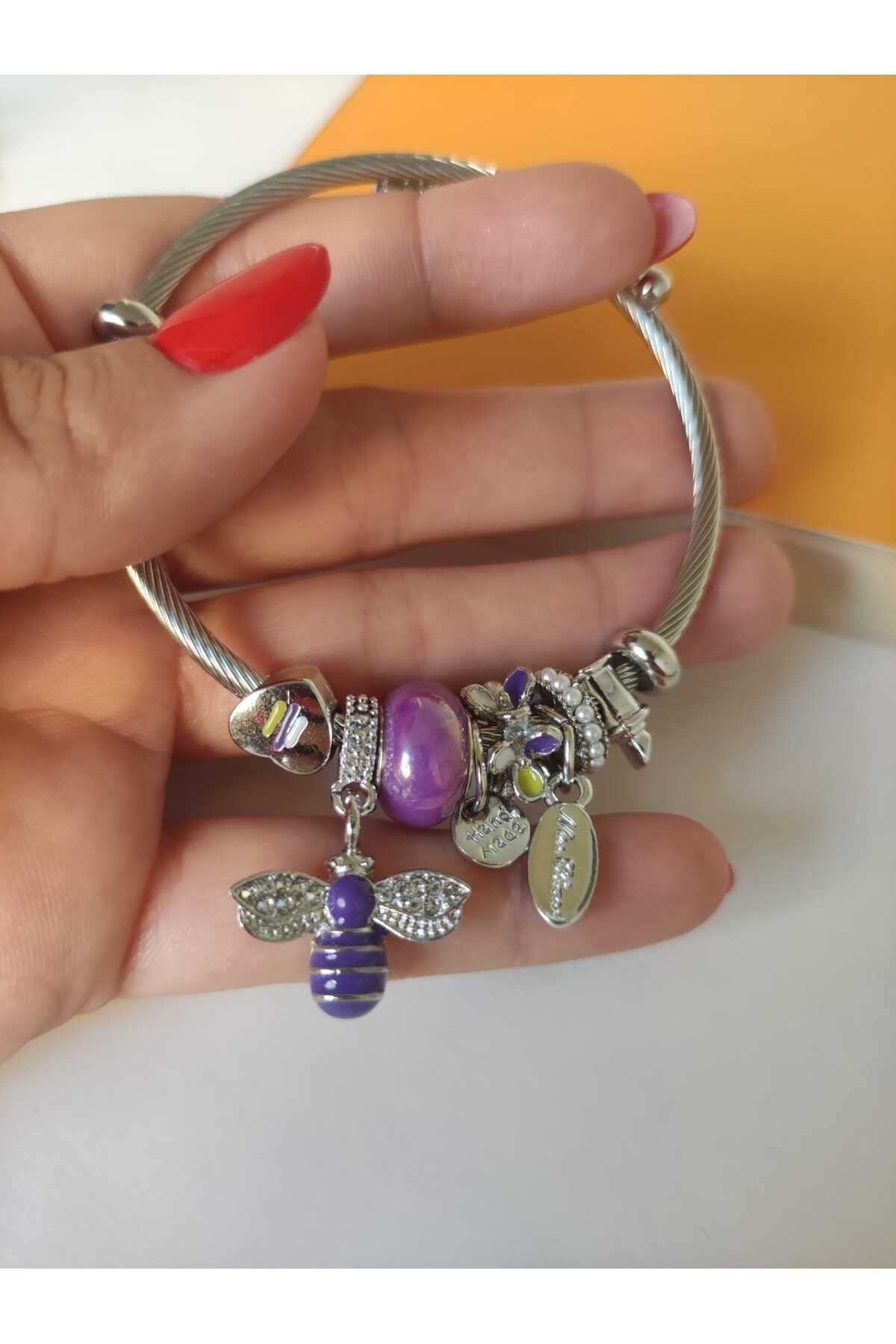 MoS JEWELLERY Paslanmaz Çelik Gümüş Renk Arı Detaylı Zirkon Taşlı Charm Bileklik
