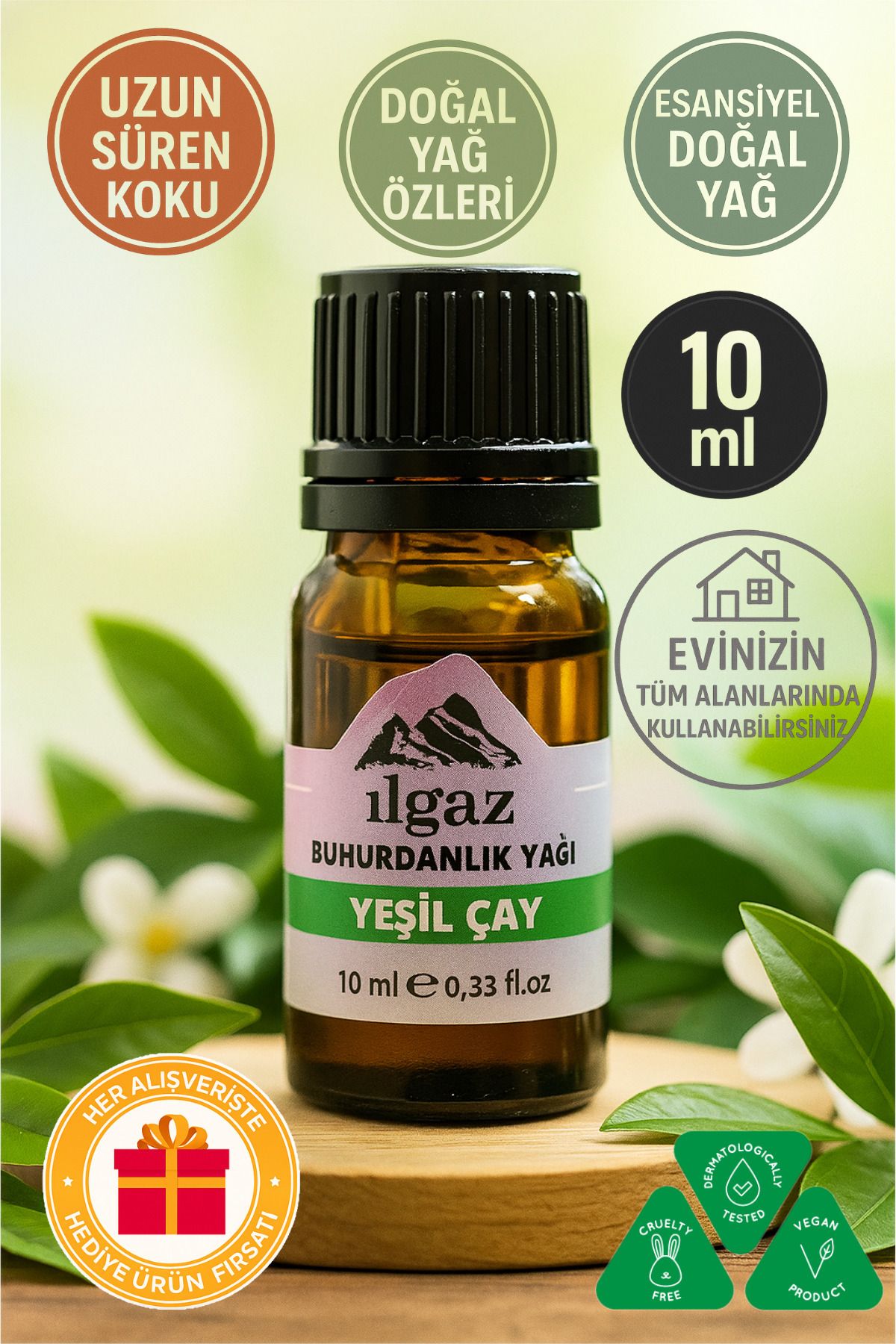 Elioure Doğal Yeşil Çay Buhurdanlık Yağı 10 ml, Rahatlatıcı ve Ferahlatıcı Aromalı