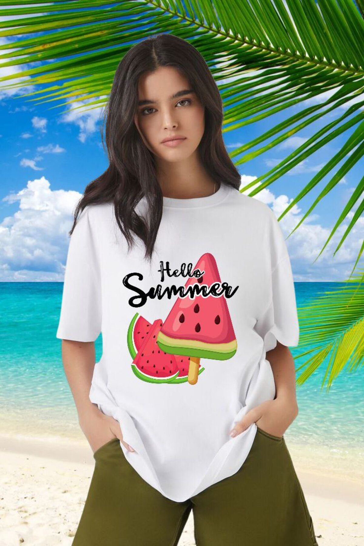 Alaa Butik Online Kadın Beyaz Yazlık Tişört - Hello Summer Baskılı