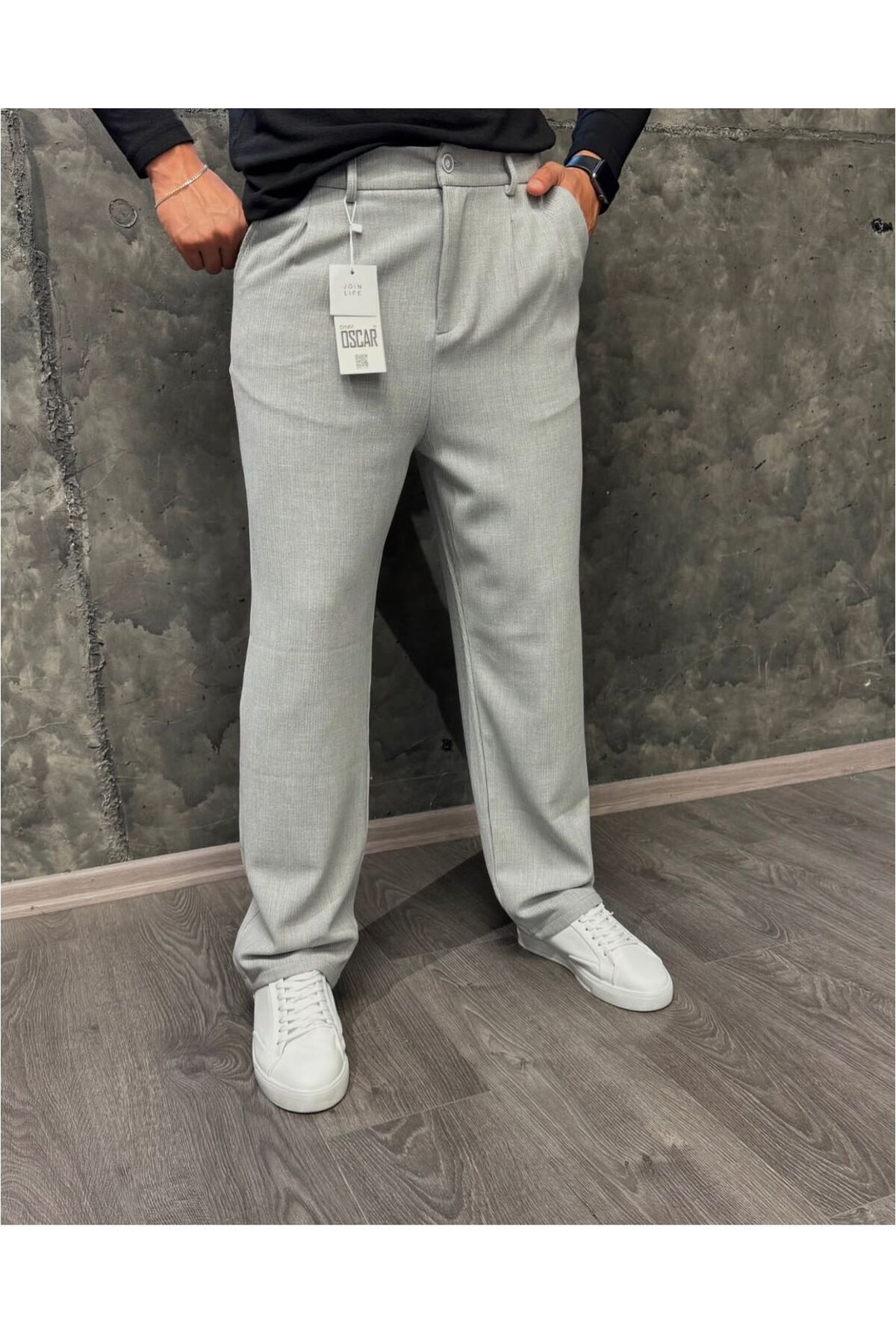 Gardolap Vip Gardolap Vıp Giyim Erkek Pamuk Karışımlı Kemerli Baggy Fit Kendinden Çizgi Desenli Bol Paça Pantolon
