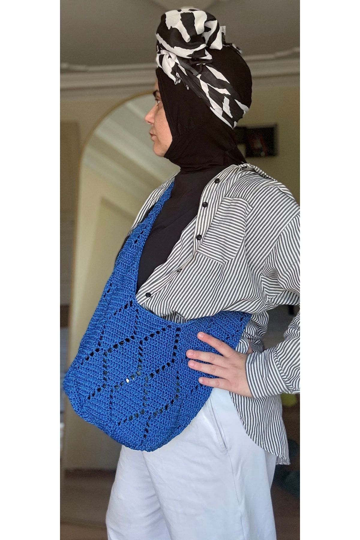 simarikcraft El Yapımı Mavi Makrome Heybe Çanta – Polyester Örgü Omuz Çantası, Hafif, Geniş, Günlük Kullanım