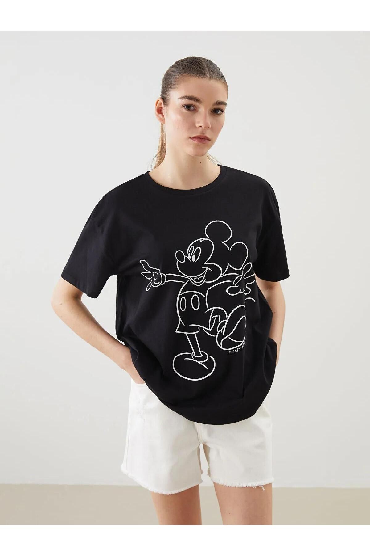 LC Waikiki XSIDE Bisiklet Yaka Mickey Mouse Baskılı Kadın Tişört (S5)