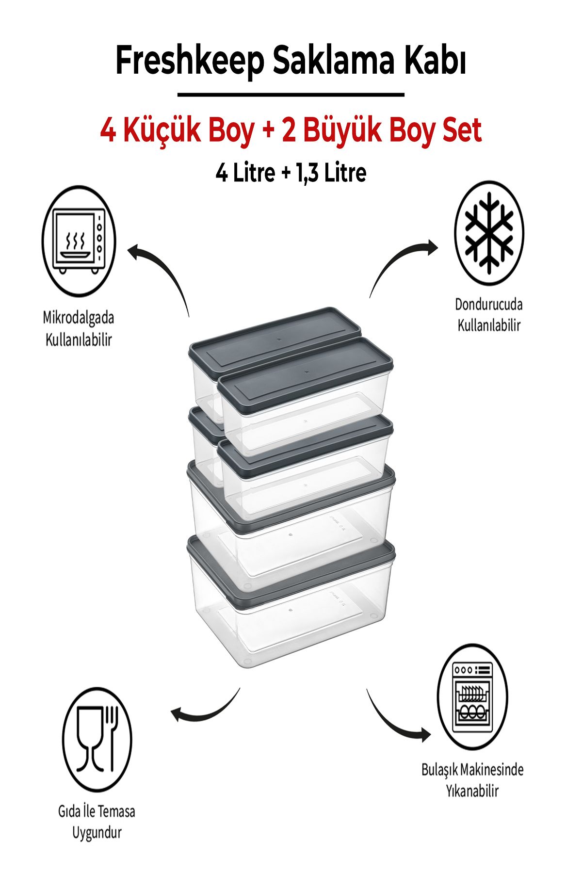 bizimevde 6 Adet Saklama Kabı (2 Büyük-4 Orta Boy) 4 Litre + 1,3 Litre Derin Dondurucu Mikrodalga Uyumlu