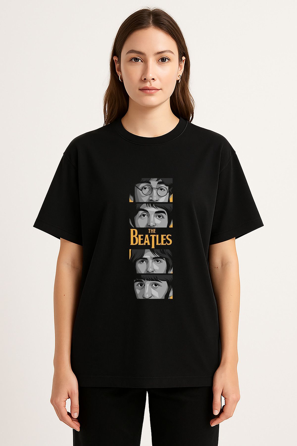 sielta The Beatles Müzik Grubu Baskılı Bisiklet Yaka Oversize Siyah Tişört Thsirt