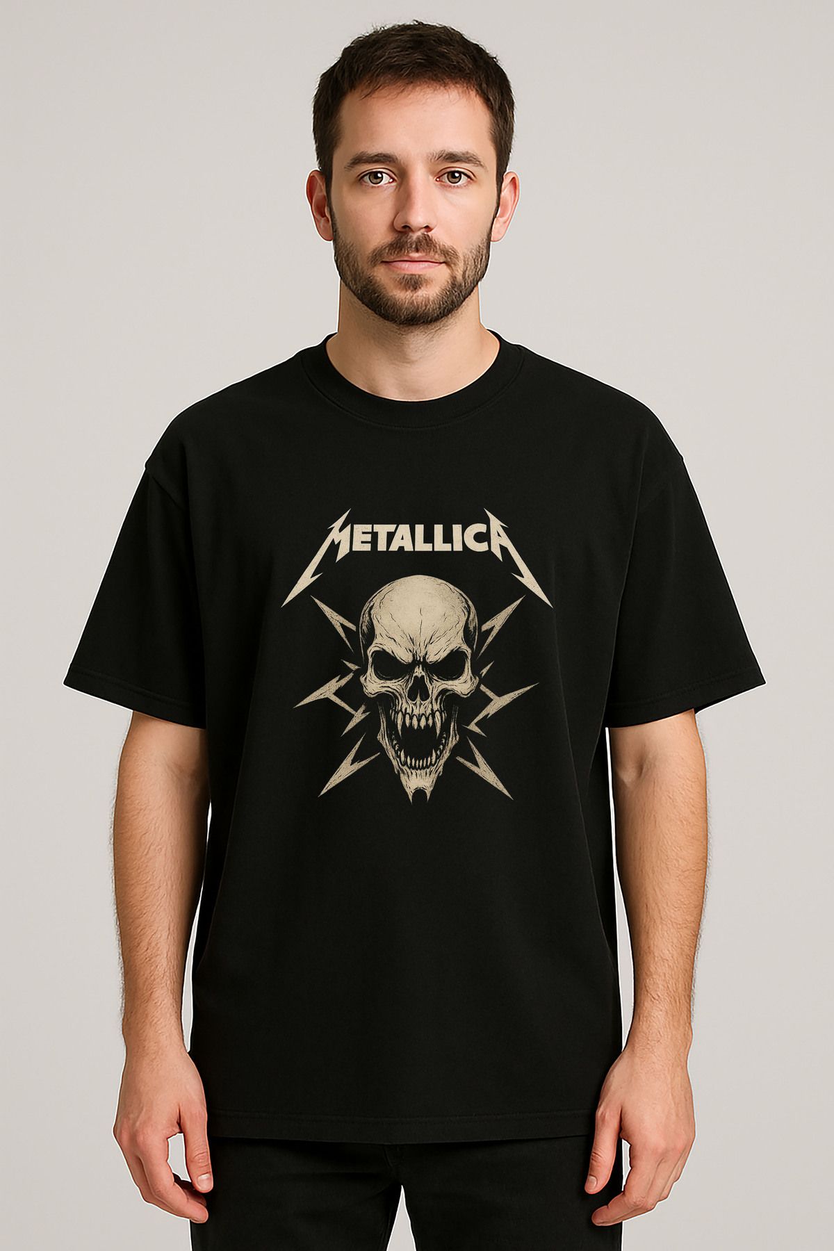sielta Metallica Müzik Grubu Baskılı Bisiklet Yaka Oversize Siyah Tişört Thsirt