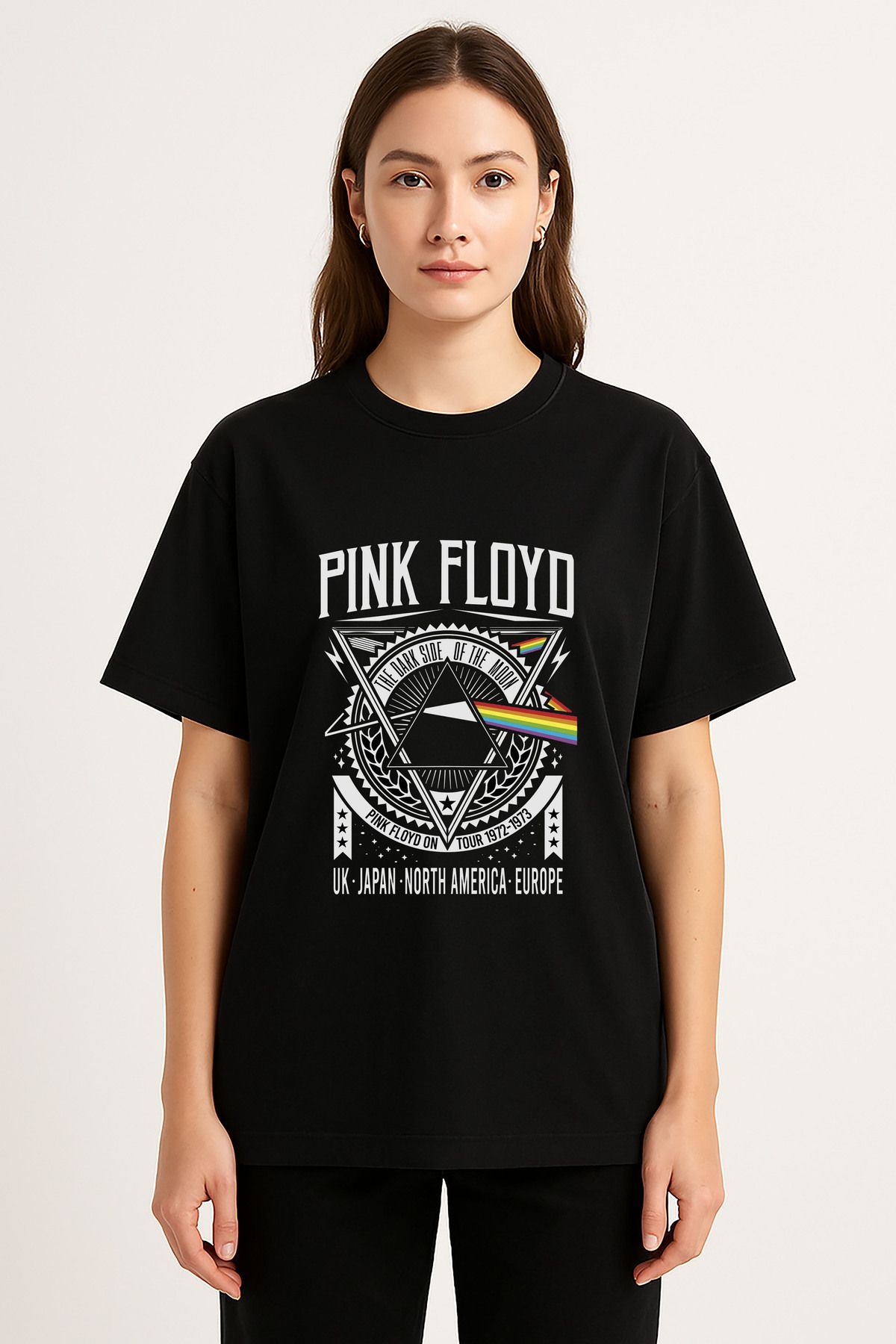 sielta Pink Floyd Müzik Grubu Baskılı Bisiklet Yaka Oversize Siyah Tişört Thsirt