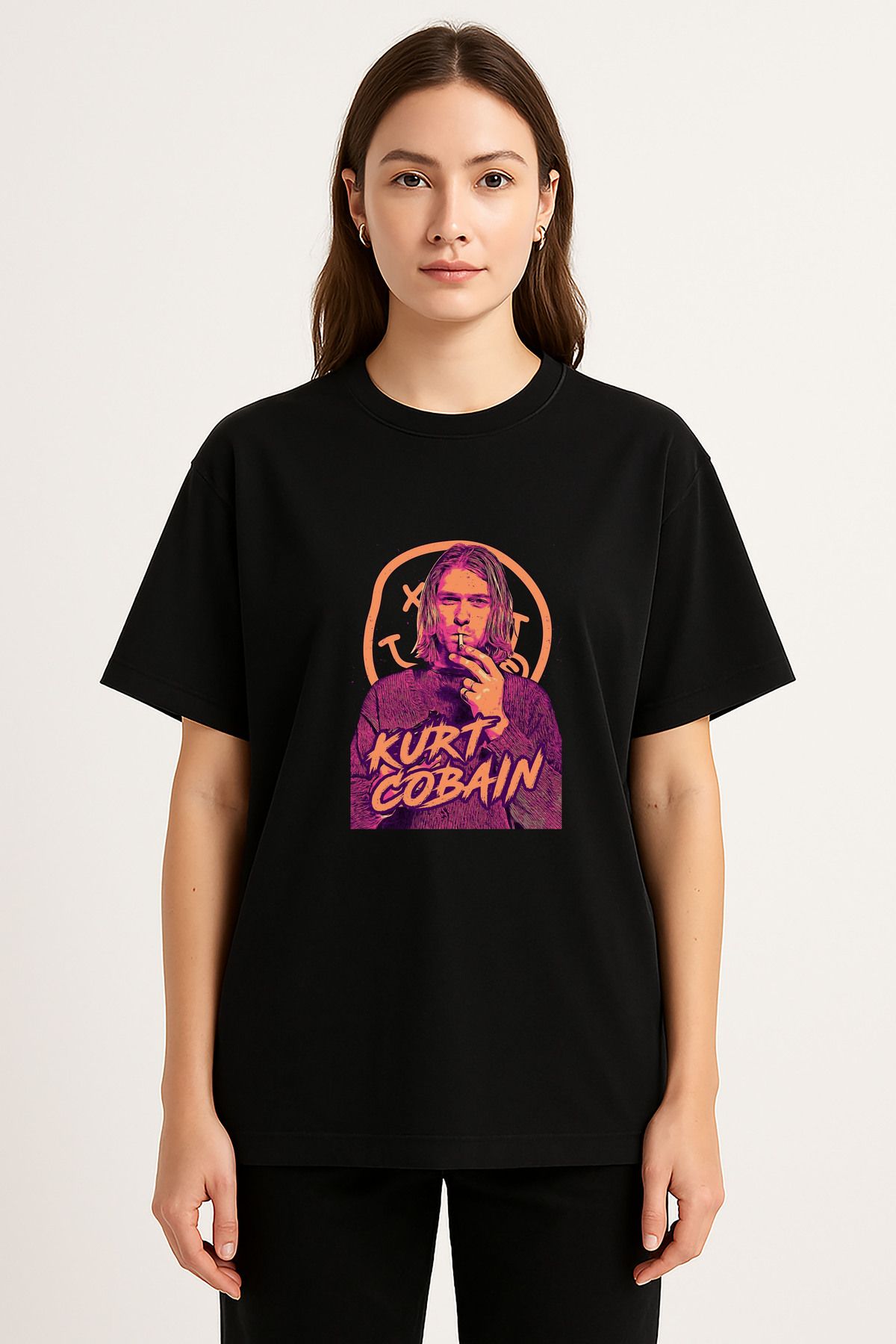 sielta Nirvana Kurt Cobain Baskılı Bisiklet Yaka Oversize Siyah Tişört Thsirt