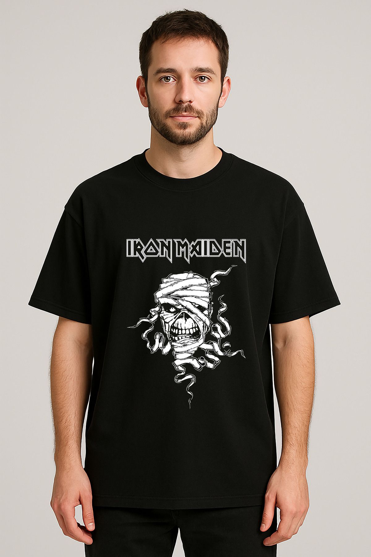 sielta Iron Maiden Müzik Grubu Baskılı Bisiklet Yaka Oversize Siyah Tişört Thsirt
