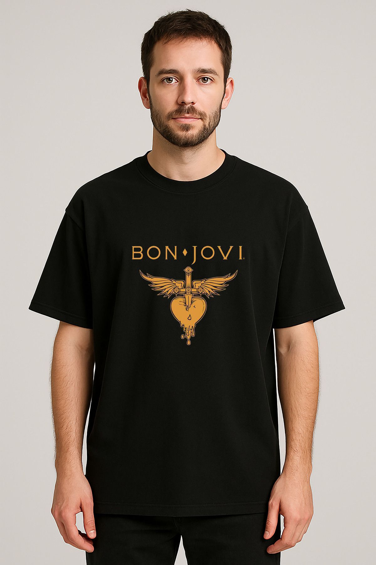 sielta Bon Jovi Müzik Grubu Baskılı Bisiklet Yaka Oversize Siyah Tişört Thsirt