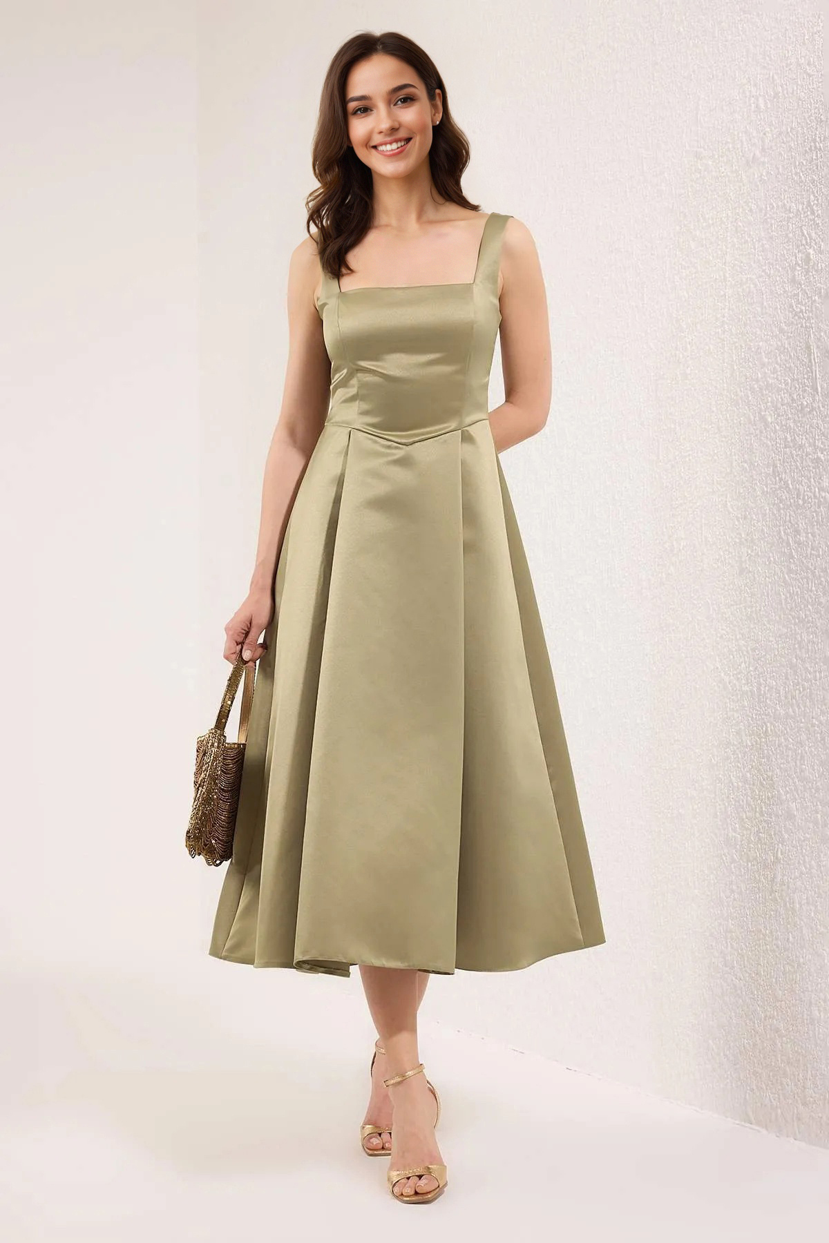 Trendyolmilla  Yağ Yeşil A-Kesim Saten Dokuma Şık Abiye Gece Mezuniyet Elbisesi TPRAW25EL00040 - Görsel 5