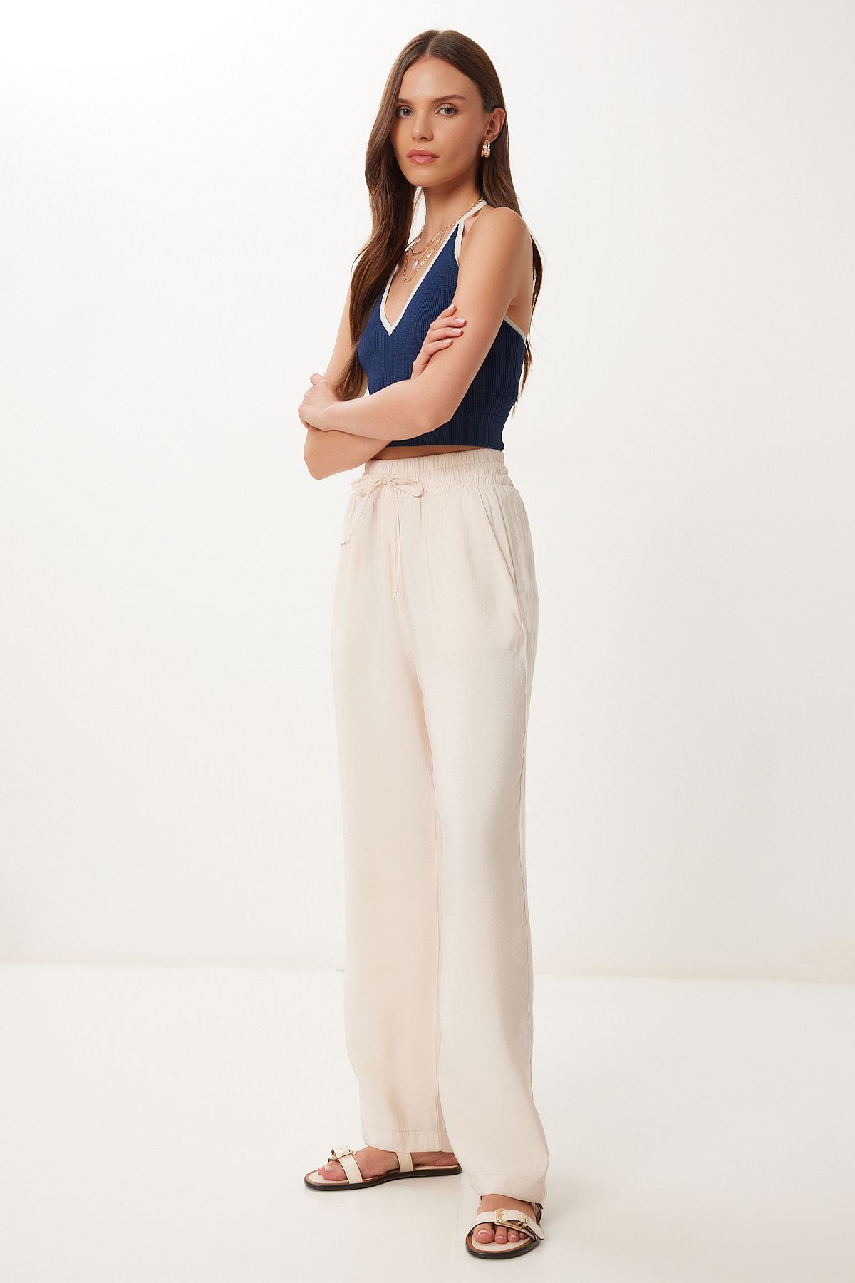 Happiness İstanbul-Women's Cream Wide Leg Summer Modal Trousers Bv00157 3
