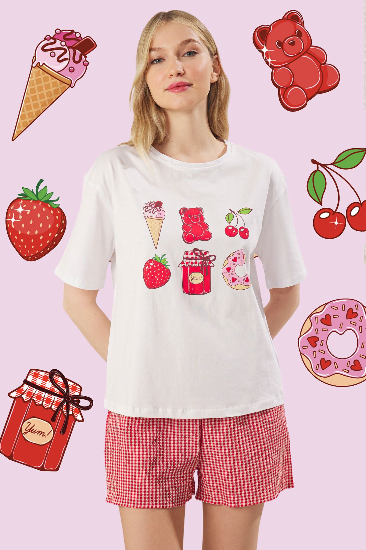 Trendyol Collection-Plaid Red-White and Check Single Jersey Shorts Pajama Set Thmss25Pt00202 1