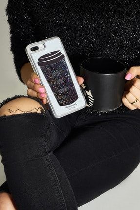 I Phone 7 Plus Kahve Görünümlü Likit Siyah Simli Silikon Telefon Kılıfı MTK190