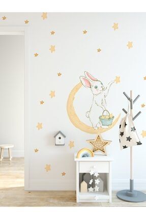 Beyaz Tavşan Yıldız Sevimli Hayvan Duvar Stickeri OU-ST-1233952411