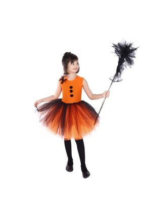 Kız Çocuk Turuncu Süpürgeli Cadı Kostümü HLC002-20