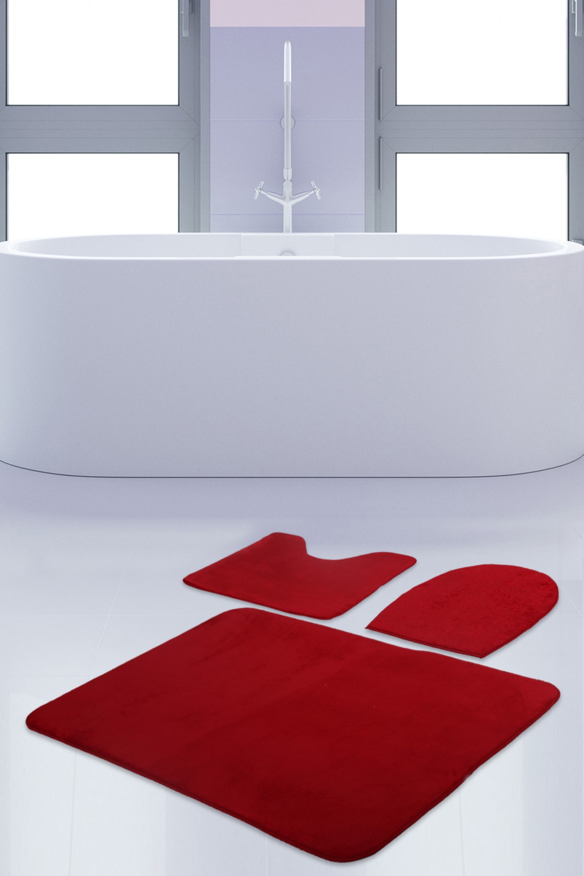 Bonny Home Unicolor Düz Kırmızı 3lü Banyo Paspası Halısı Seti Kaymaz Klozet Takımı