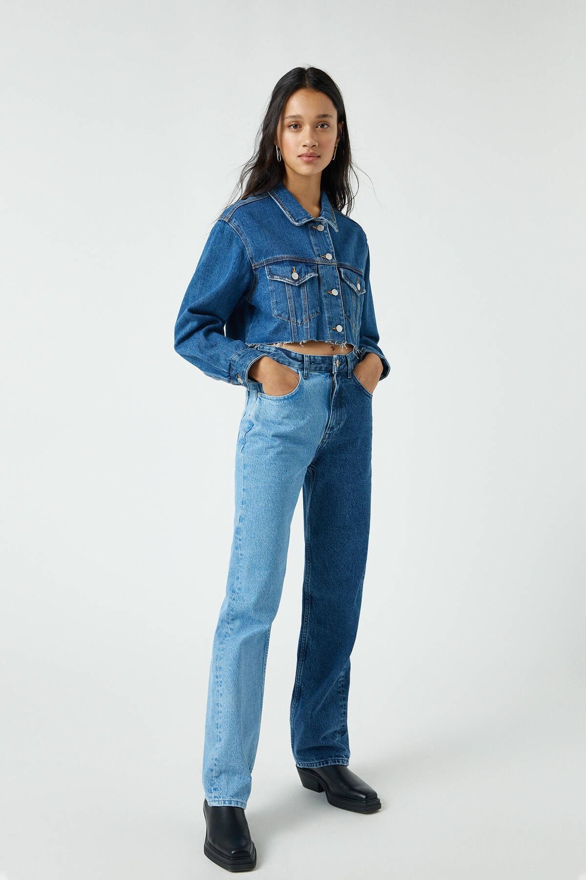 Pull Bear Kadin Mavi Blok Renkli Straight Fit Jean 09683337 Trendyol