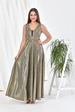 Kadın Gold Yaka Ve Korsajı Taş Detaylı Uzun Simli Abiye Elbise CYL 2780