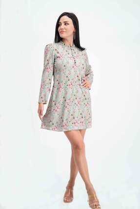 Kadın Gri Çiçek Desenli Twill İpek Mini Elbise 111-3319-201-2003-208