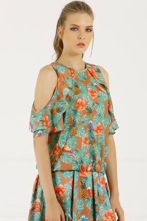 Kadın Turuncu Tropic Desen Açık Omuzlu Bluz NS25002