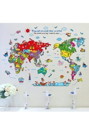Renkli Dünya Çocuk Haritası Atlas Bebek Odası Duvar Süsü Sticker K-355