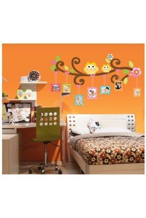 Bebek Odası Dekorasyonu Renkli Resim Çerçeveli Baykuşlar Kendinden Yapışkanlı Duvar Sticker K-112