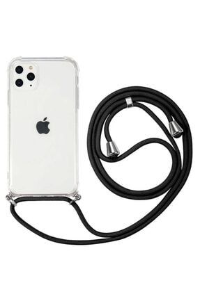 Apple Iphone 11 Pro Max Kılıf Boyna Askılı Ayarlanabilir Şeffaf Silikon Siyah krks16279974212