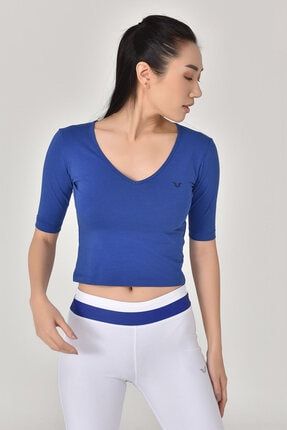 Kadın Mavi V Yaka Sırt Detaylı Yarım Kol Pamuklu Yoga T-shirt 8105 TB20WY19S8105-1