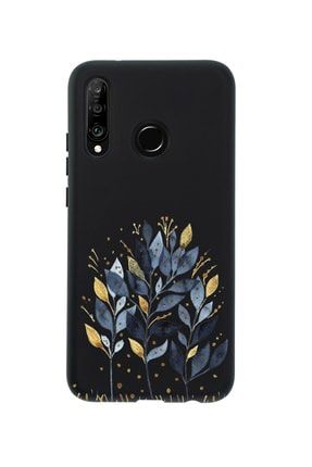 Huawei P30 Lite Uyumlu Mavi Yaprak Desenli Premium Silikonlu Siyah Telefon Kılıfı MCHP30LMYD