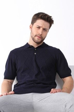 Lacivert Polo Yaka Baklava Desen %100 Pamuk Erkek Triko T-shirt 4172-KG