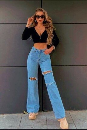 Kadın Mavi Extra Yüksek Bel Salaş Yırtık Jeans snm-700