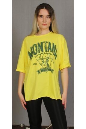 Casual Yuvarlak Yaka Yan Yırtmaçlı Duble Kol Baskılı Kadın T-shirt Sarı 241123