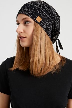 Kadın Siyah, Beyaz Desenli, Ip Detaylı 4 Mevsim Şapka Bere Buff -ultra Yumuşak Doğal Penye Kumaş BG66019
