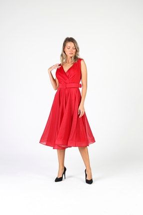Kırmızı Rengi Kemerli Simli Şifon Elbise TRİO-1655