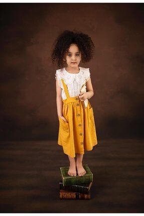 Kız Çocuk Dantel Yaka Detaylı Bluz Renkli Hardal Salopet Takım K011