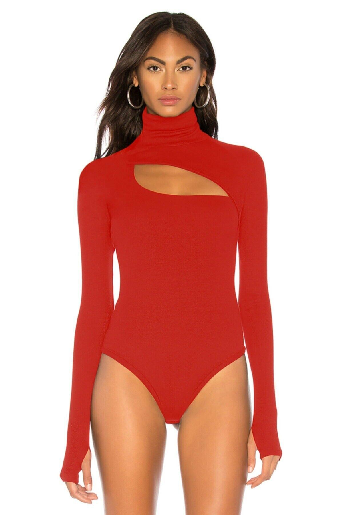 Kadın Kırmızı Balıkçı Yaka Parmak Geçmeli İpek Jarse Bodysuit