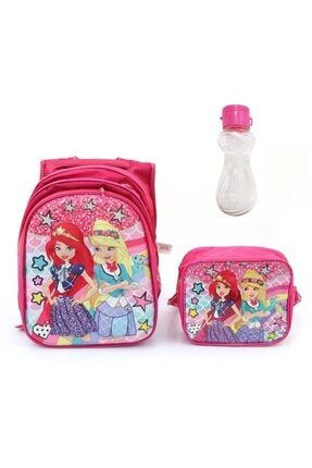 Minx Kızlar Baskılı Pembe Çanta + Beslenme + Suluk - Okul Çantası - Kız Çantası minxkizpemsu01