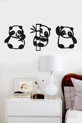Panda 3lü Duvar Dekoru Siyah Ahşap Lazer Tablo MORDSG20271
