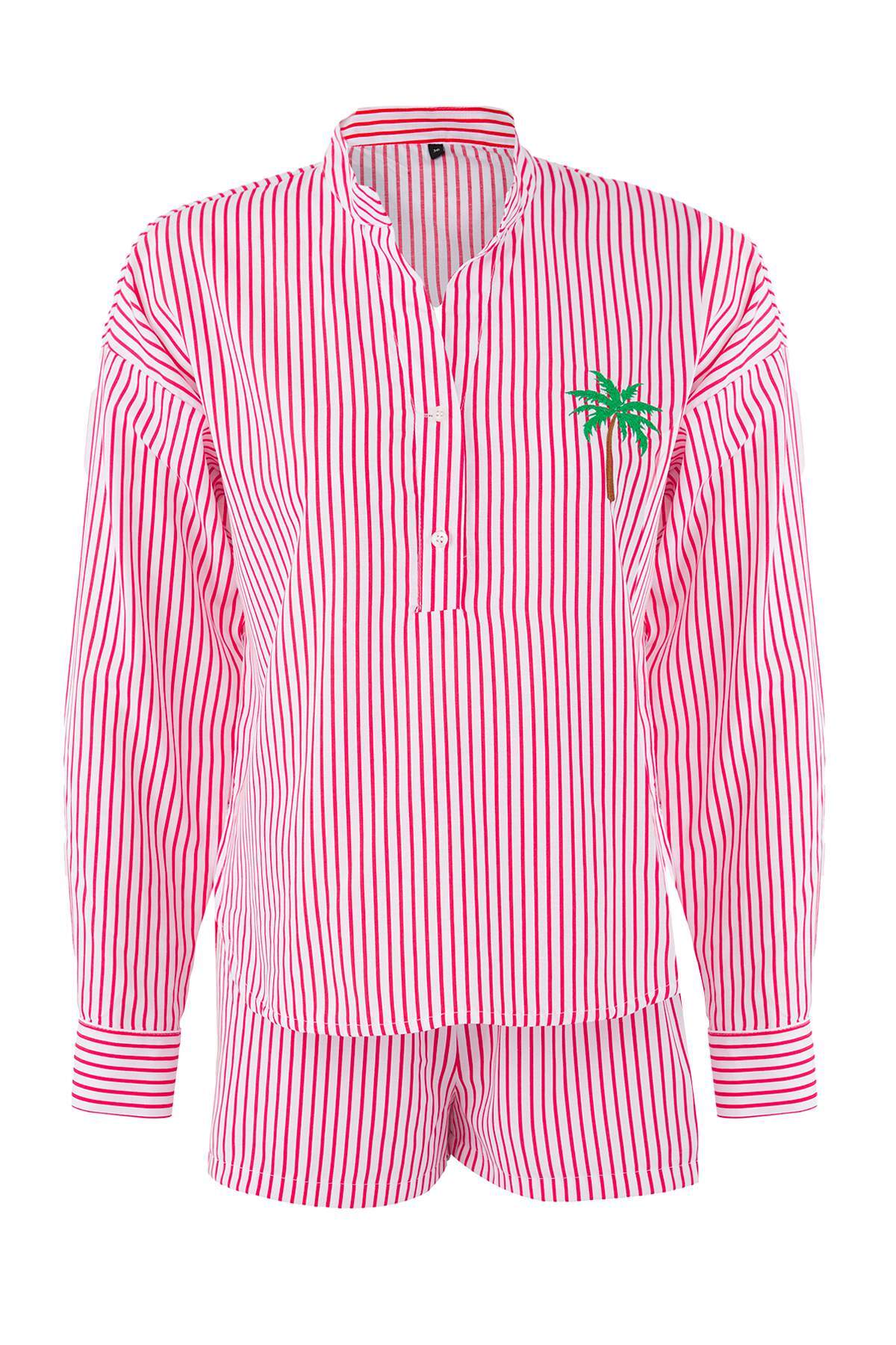 Trendyolmilla  Çizgili Dokuma Nakışlı %100 Pamuk Plaj Gömlek-Şort Takım TBESS25AU00054 - Görsel 5