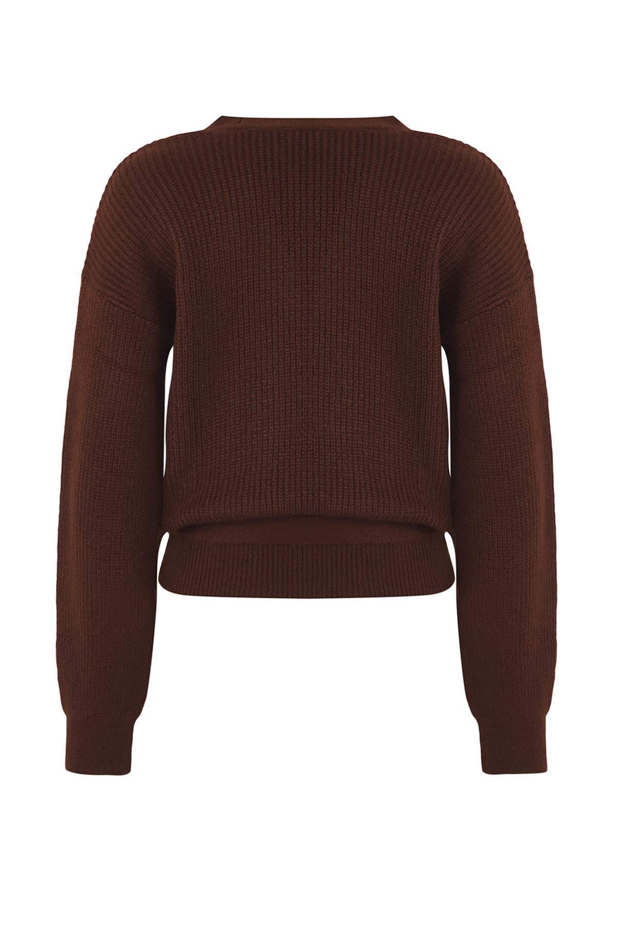 Trendyolmilla  Kahverengi Yumuşak Dokulu Kruvaze Yaka Triko Hırka TWOAW24HI00282 - Görsel 9