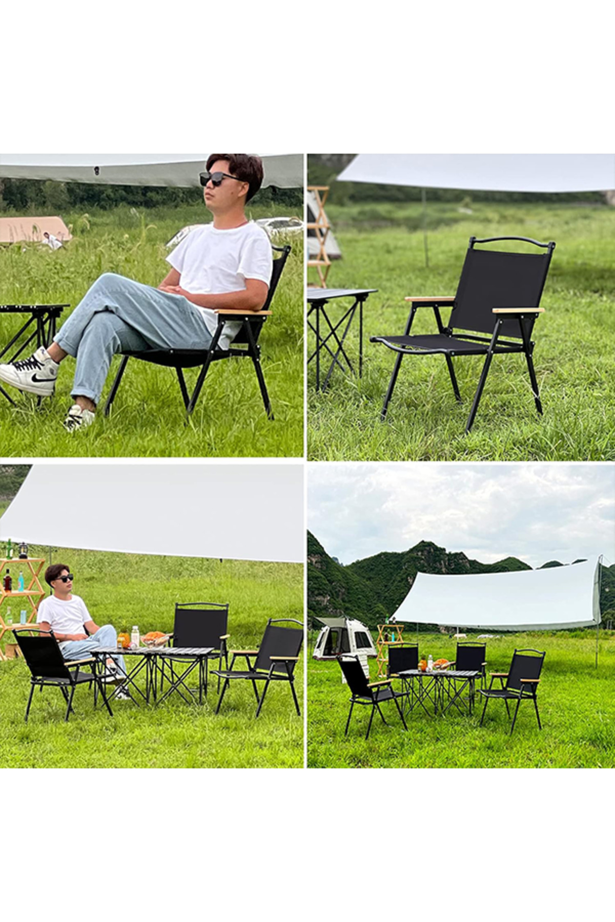 كرسي تخييم قابل للطي بإطار من الألومنيوم، للنزهات والشاطئ والحديقة، أسود - 78 ارتفاع × 40 ارتفاع × 52 عمق × 52 عرض سم