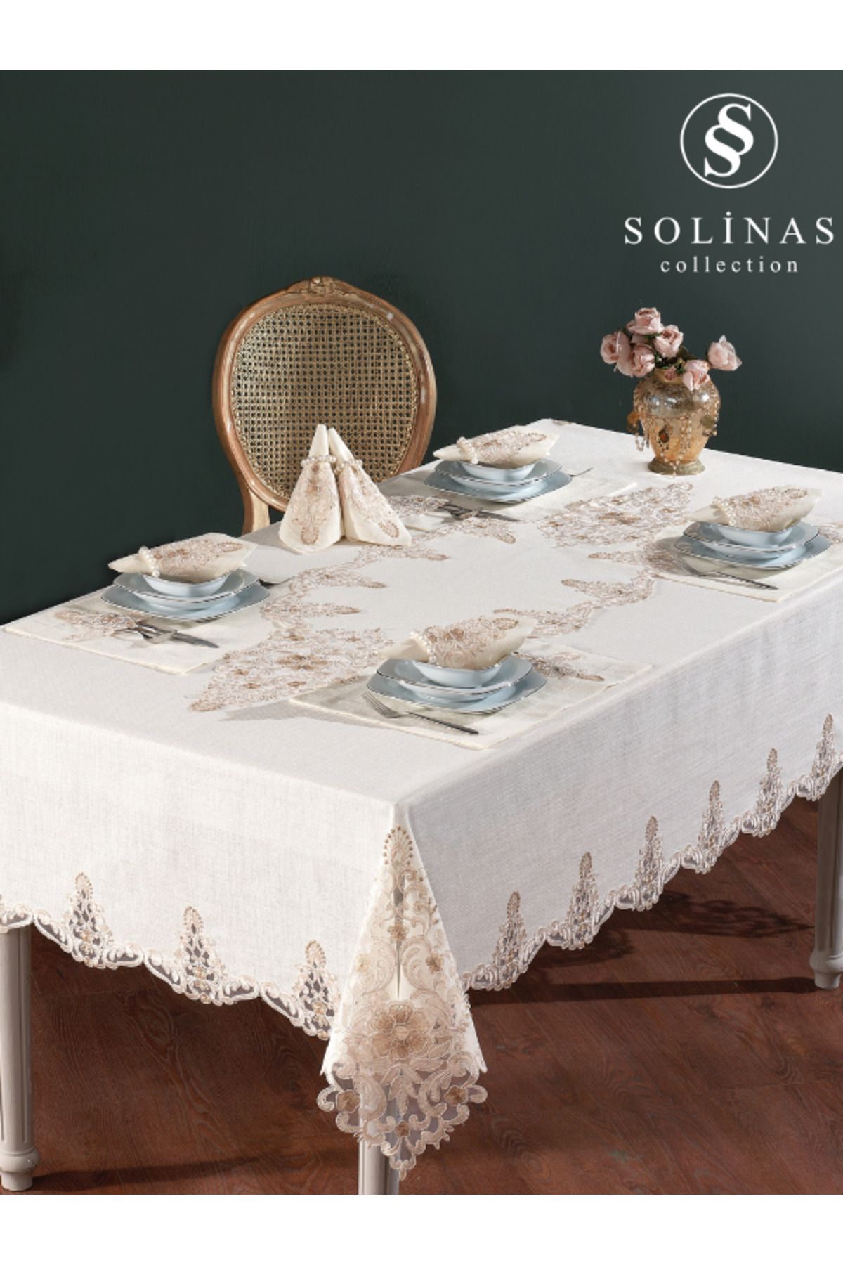 Solinas Collection Roma Krem Linen Kumaş Vizon Nakışlı 38 Parça Masa Örtüsü Seti