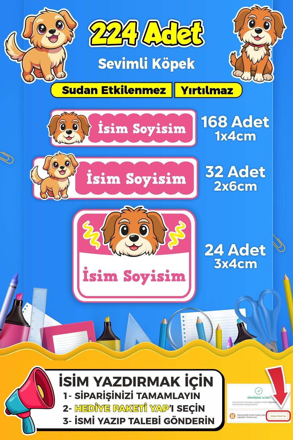 SB store Sevimli Köpek Temalı Okul Kreş Kişiye Özel isim Etiket Seti - Model 399