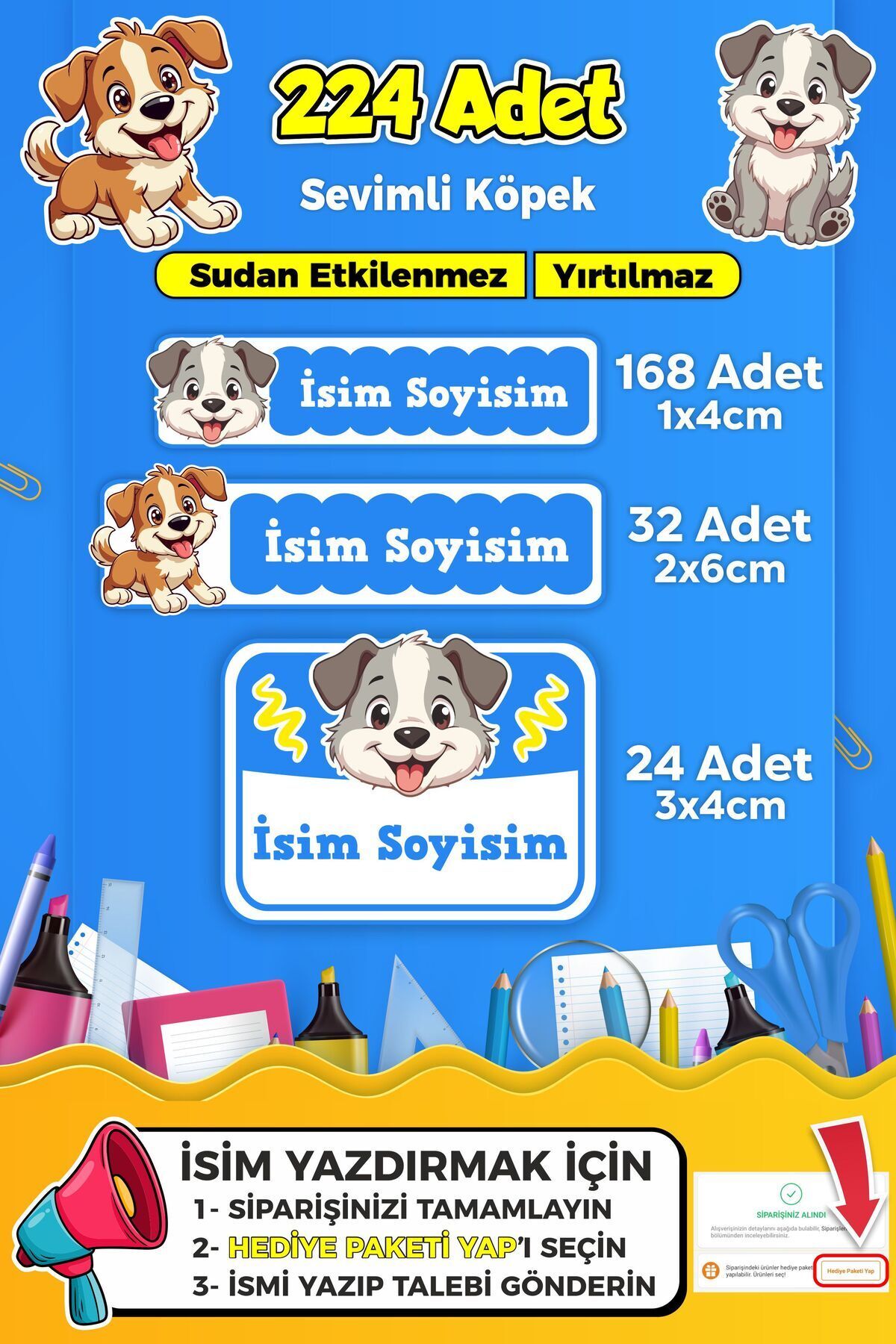 SB store Sevimli Köpek Temalı Okul Kreş Kişiye Özel isim Etiket Seti - Model 404