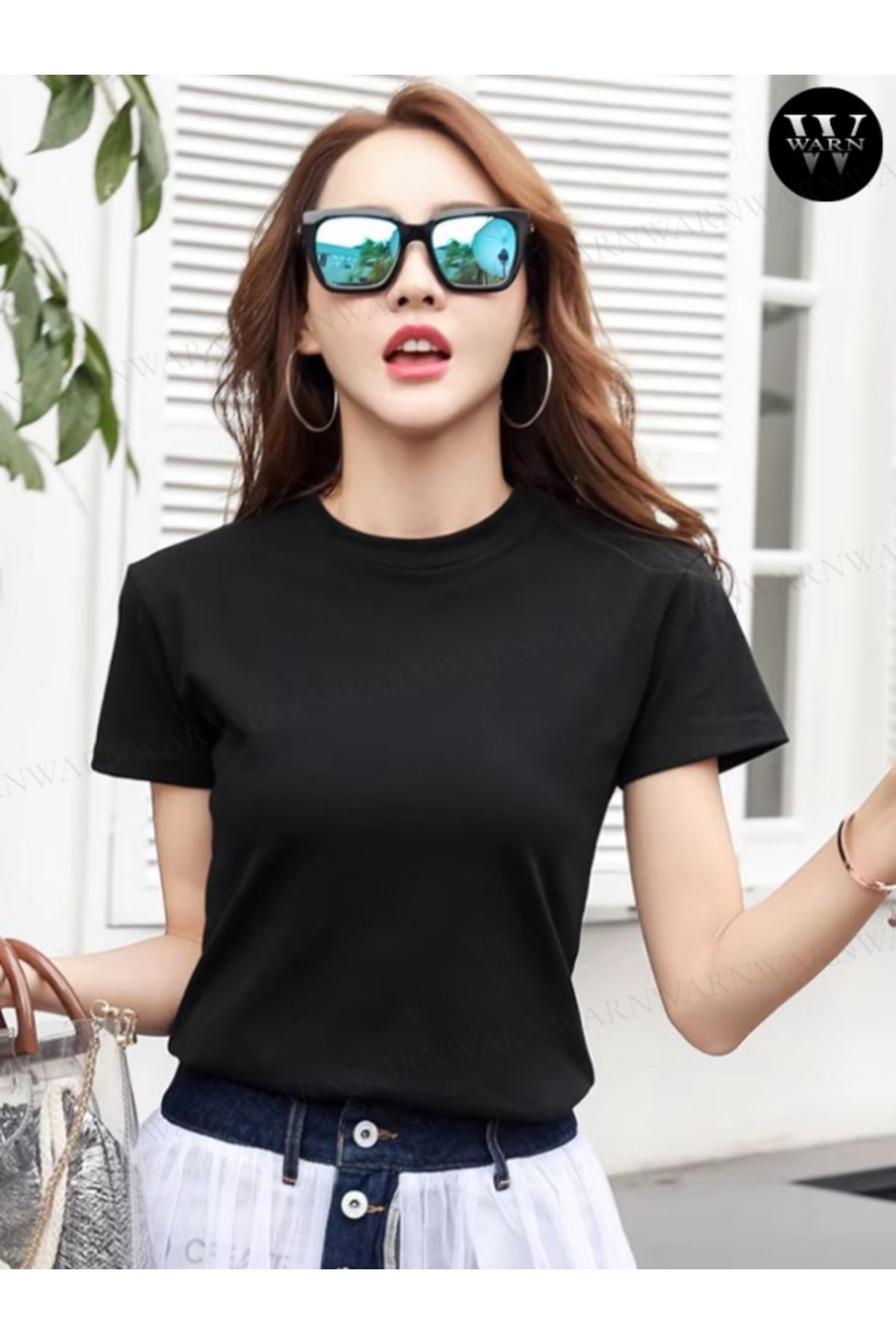 warn  Siyah Kadın Bisiklet Yaka Slimfit T-Shirt Esnek Likralı %100 Pamuk YAZLIK - Görsel 3