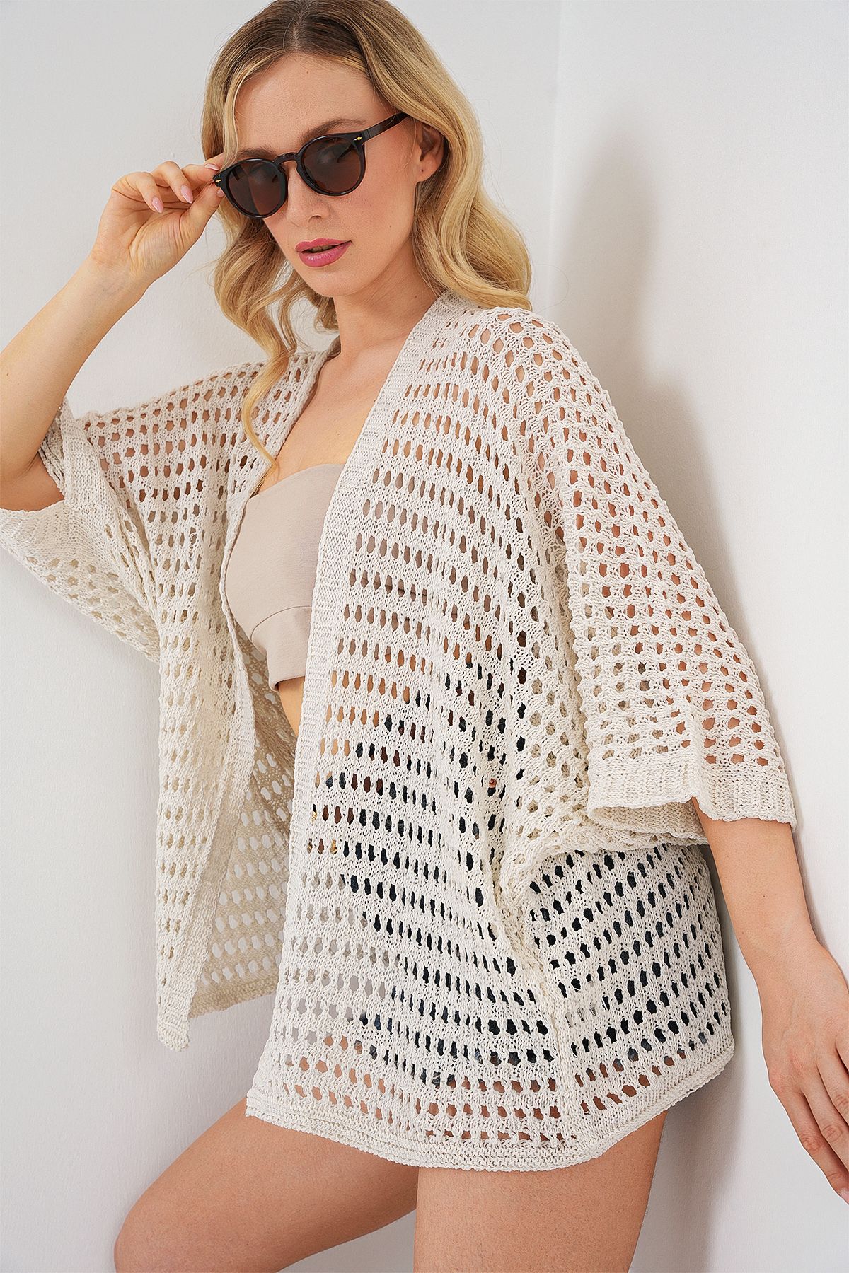 Bigdart-15855 Openwork/Perforated Oversize Cardigan - Stone 3