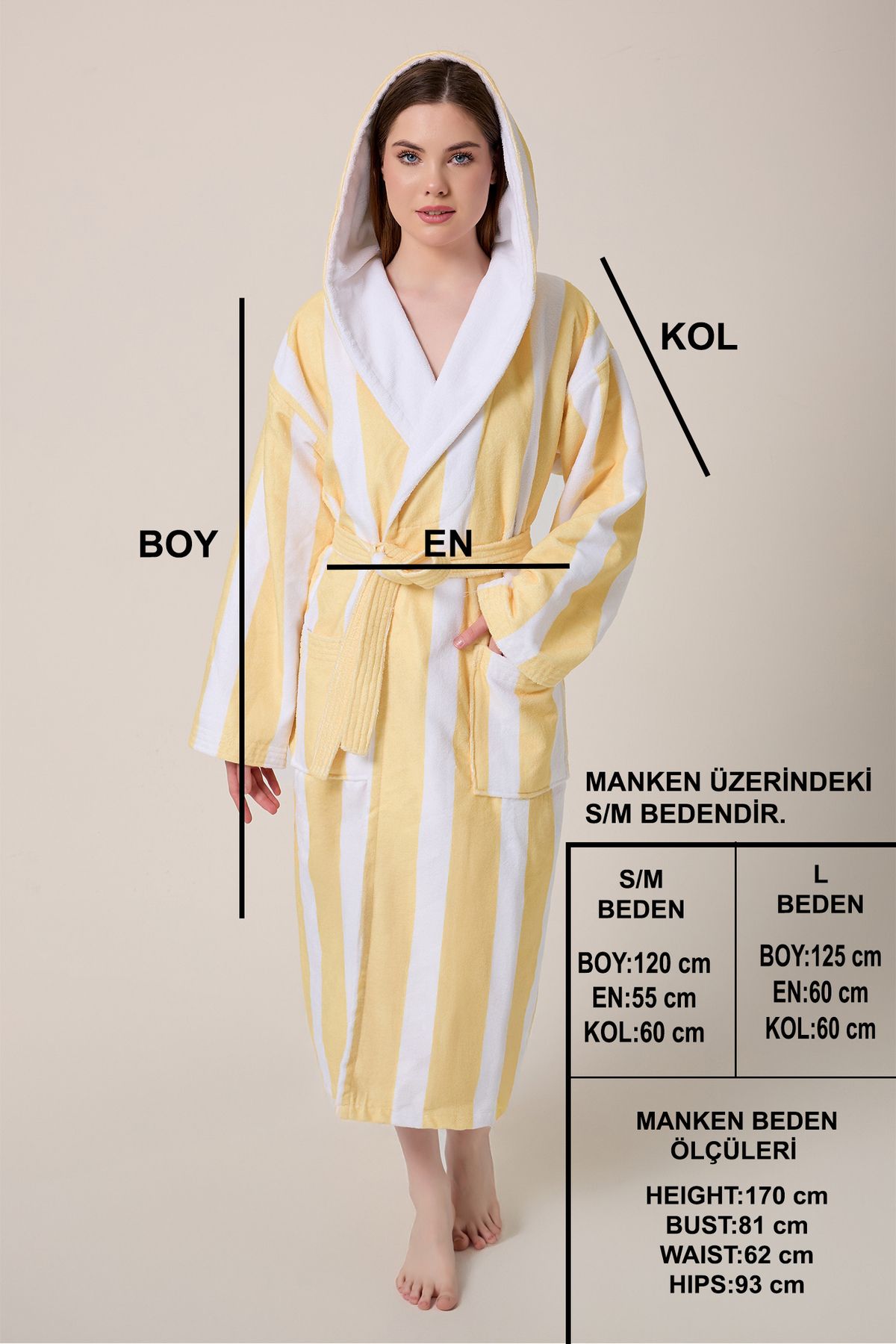 VEVİEN HOME-Striped Patterned Digital Printed Hooded Bathrobe Yellow 5
