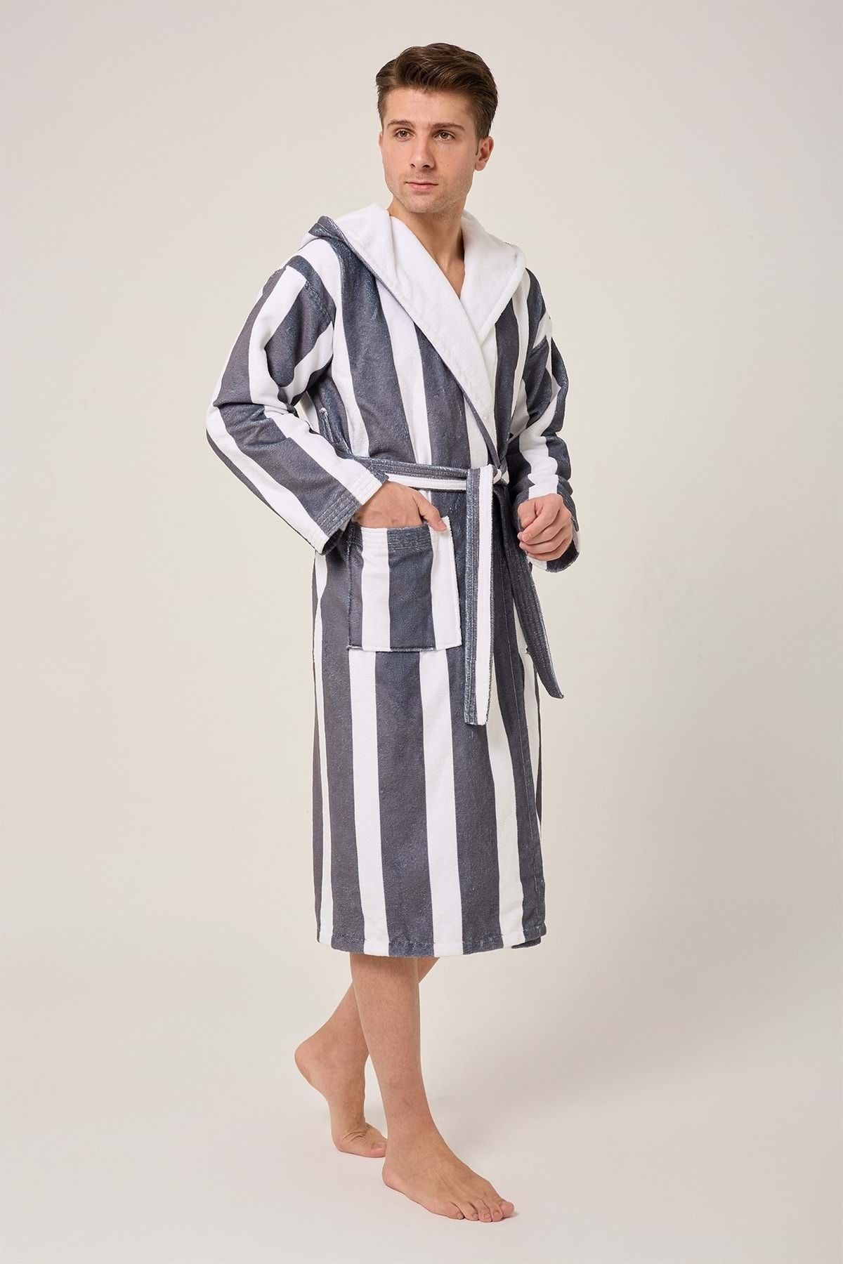 VEVİEN HOME-Striped Patterned Digital Printed Hooded Bathrobe Anthracite 4